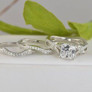 3pcs Princess Cut Wedding Engaggement Ring Real 925 Sterling